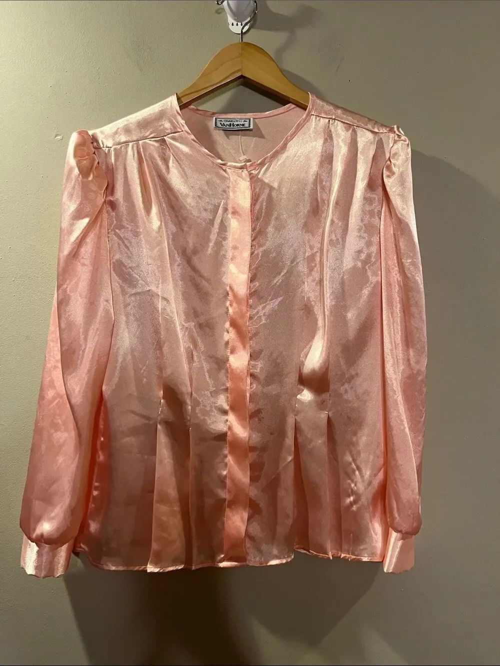 Vintage Soft Pink Satin Long Sleeve Blouse